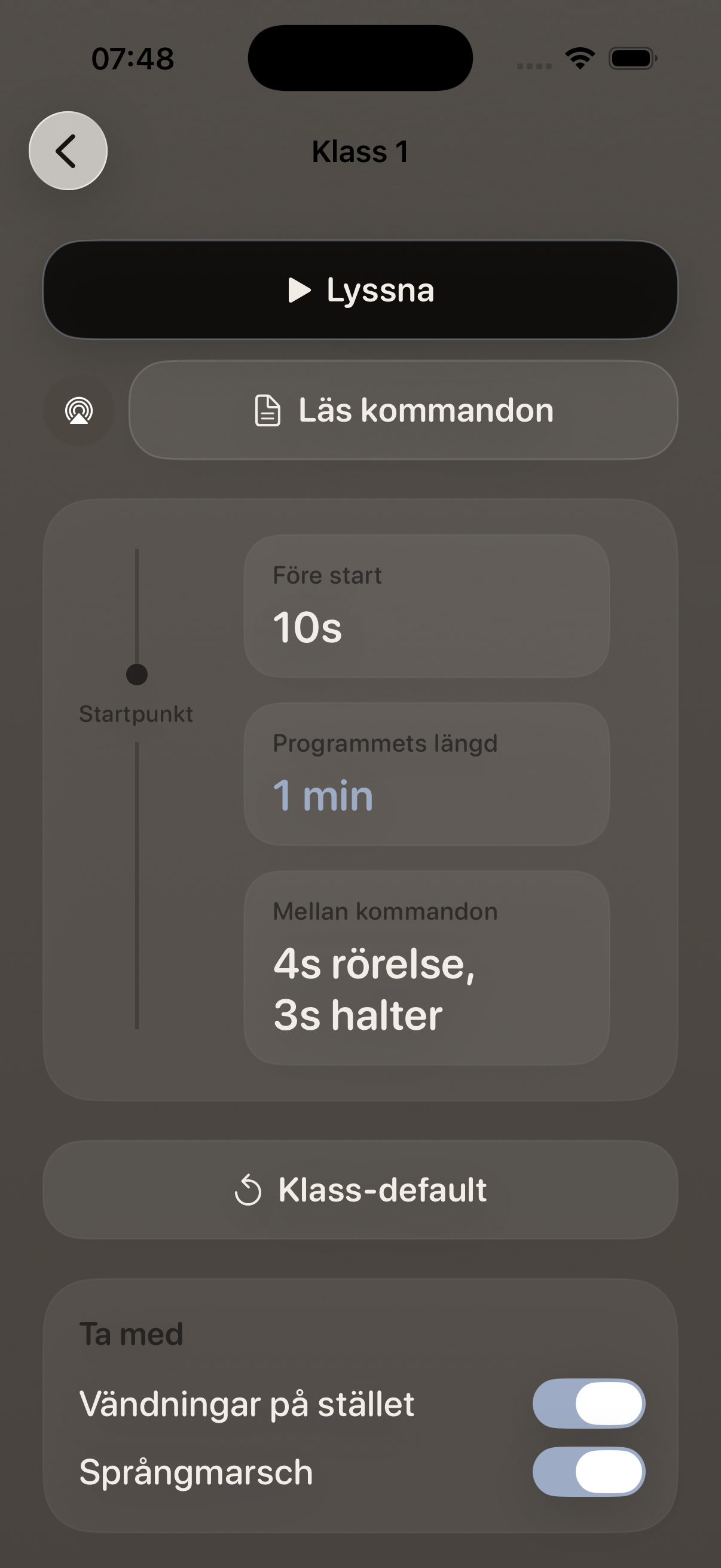 Övre delen av inställningarna för Klass 1