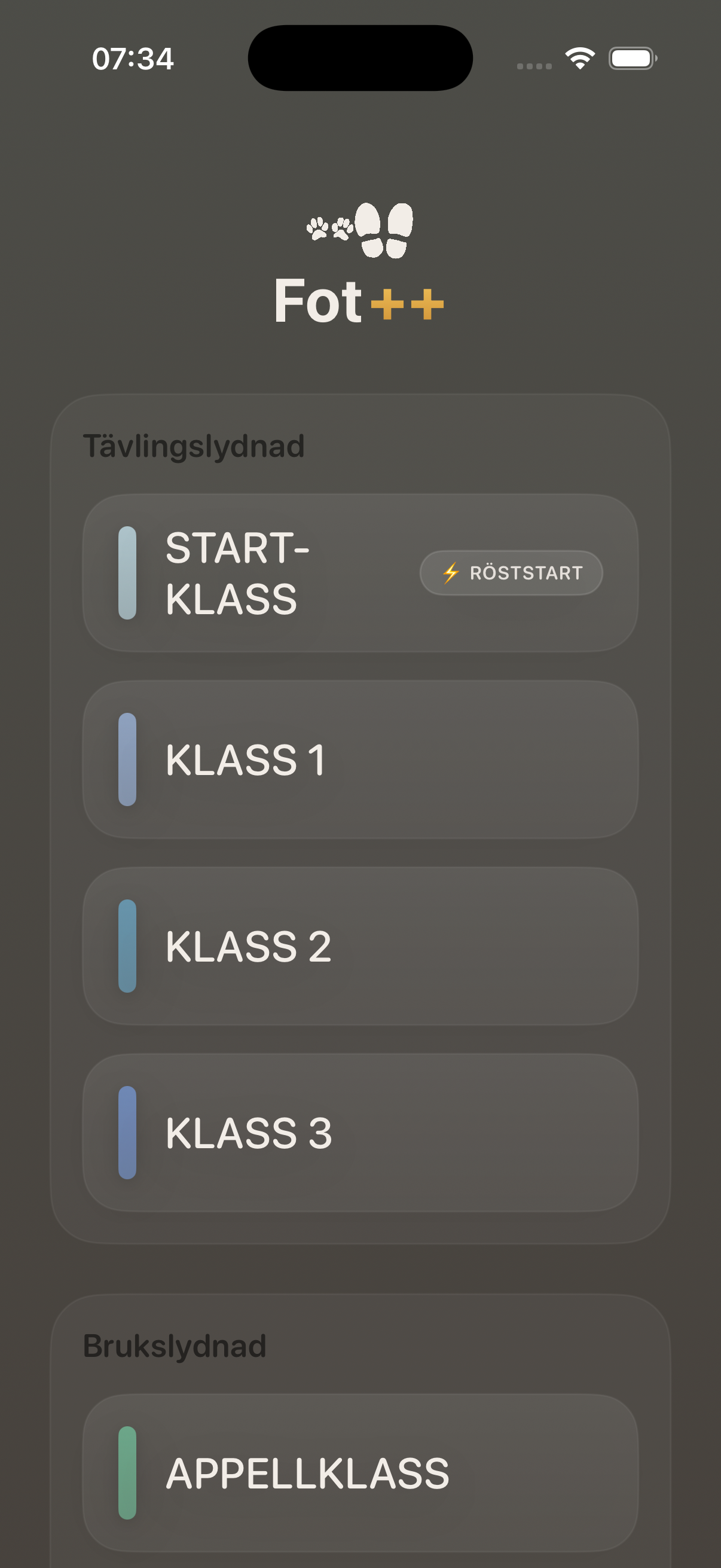 Fot++ startsida med tävlingslydnadens klasser